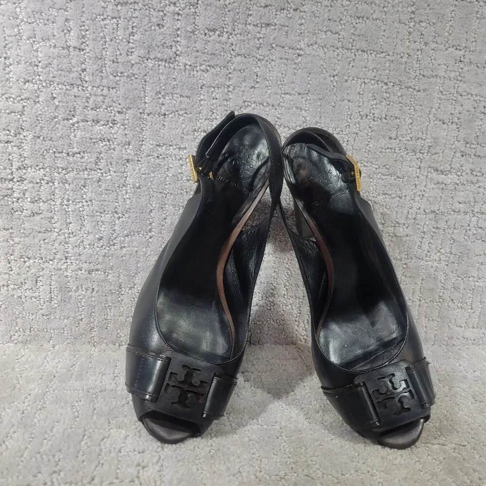Tory Burch Tennyson Women's Size US 9.5 M Black Leather Slingback Heels Sandals.